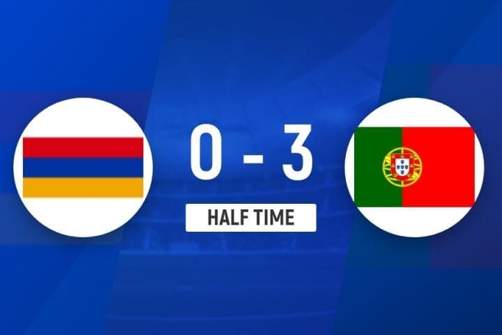 İlk yarı sonucu Portekiz Ermenistan'ı 3-0 mağlup etti Cristiano Ronaldo'nun kariyerindeki 941. golü Cancelo gol ve asistle oynadı Felix gol attı