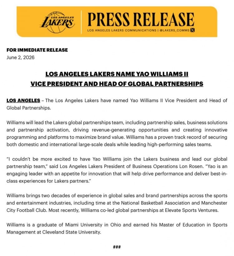 Lakers resmen duyurdu: Yao Williams II, Global Ortaklıklar Başkan Yardımcılığı'na getirildi!
