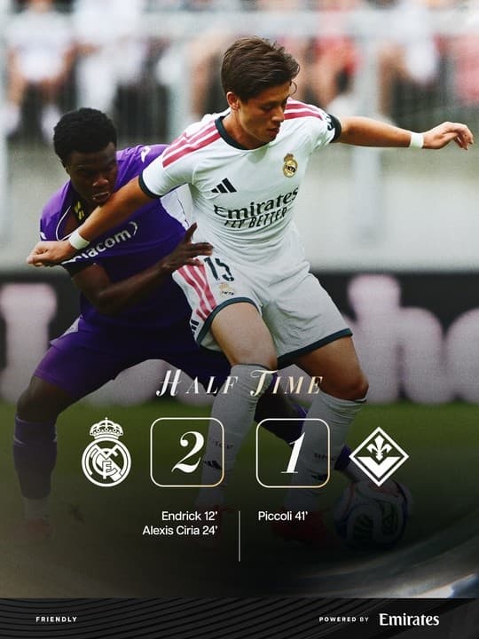 Real Madrid, Endrick ve 18'lik Siria Golleriyle Fiorentina Karşısında Devreye 2-1 Önde Girdi.